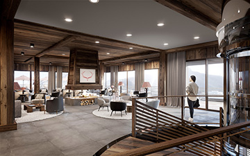 Rendu 3D d'un hall d'hôtel-resort de luxe à Tignes